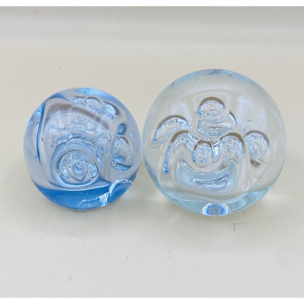 Signed ROLLIN KARG Clear Bubbles Hint Blue Art Glass Paperweights LOT 2